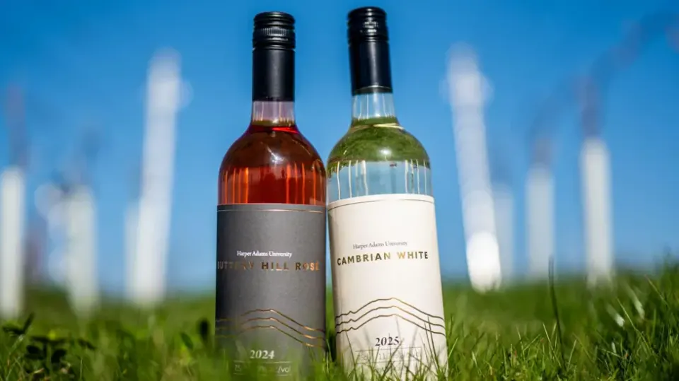 Bottles of Buttery Hill Rosé and Cambrian White, the first commercial wines from Harper Adams University’s Shropshire vineyard